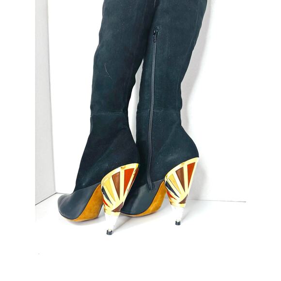 Givenchy Black Leather Suede OTK Boots 38.5 Over The Knee Printed Heel - Picture 3 of 15